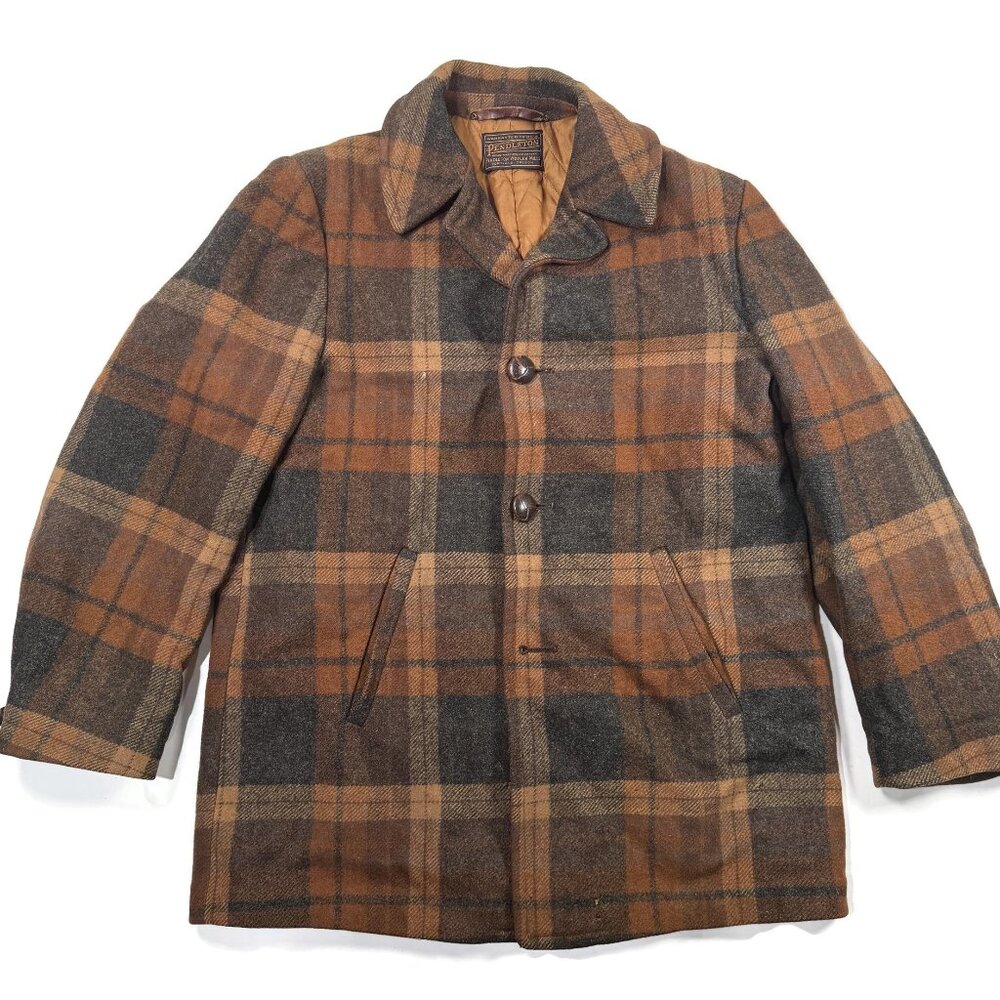Vintage Pendleton Jacket Brown Plaid Wool USA 50s Chore Car Coat 40-42 Medium‎